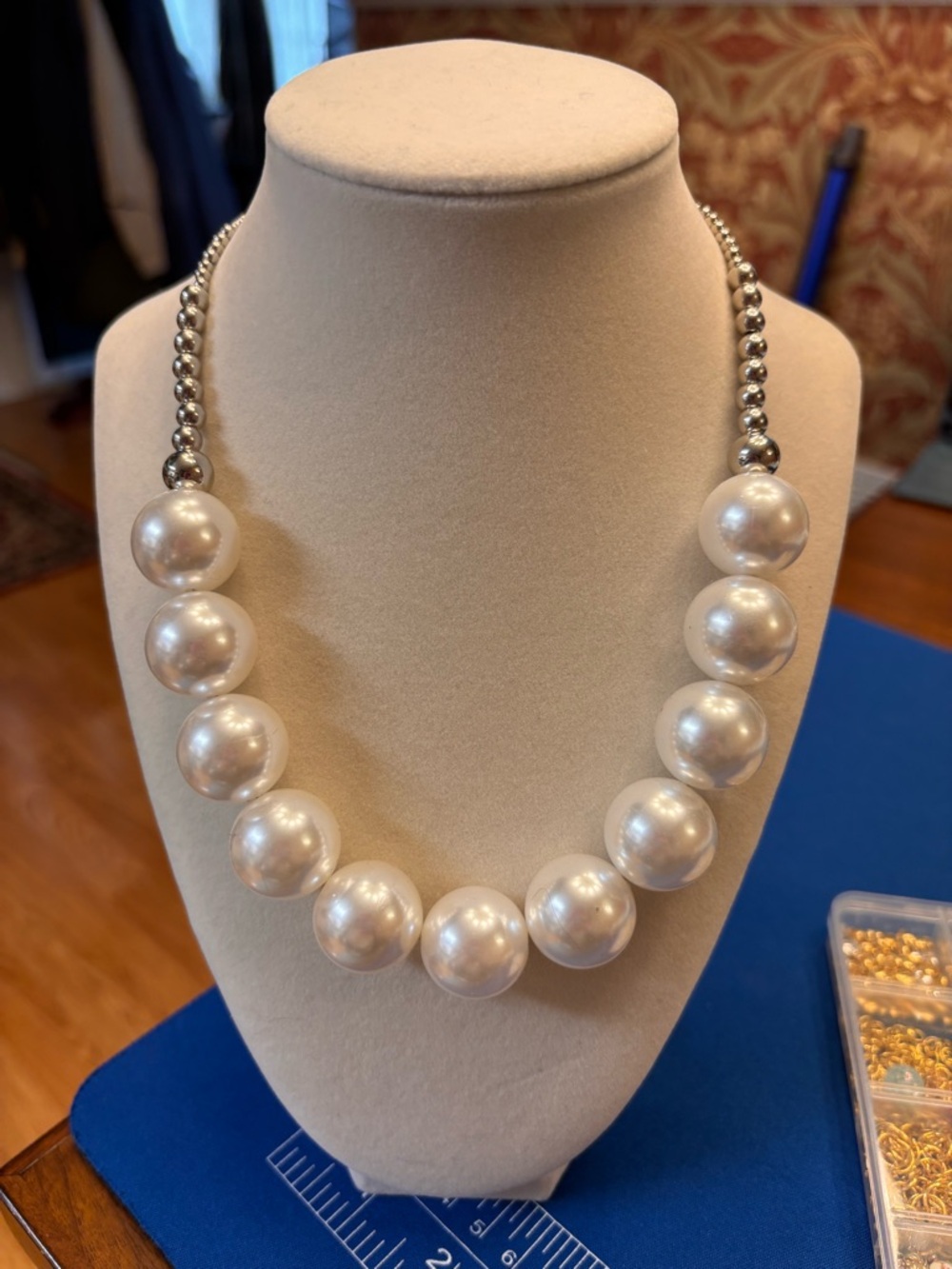 New Large White Pearl Bead Necklace with Silver Accent Beads